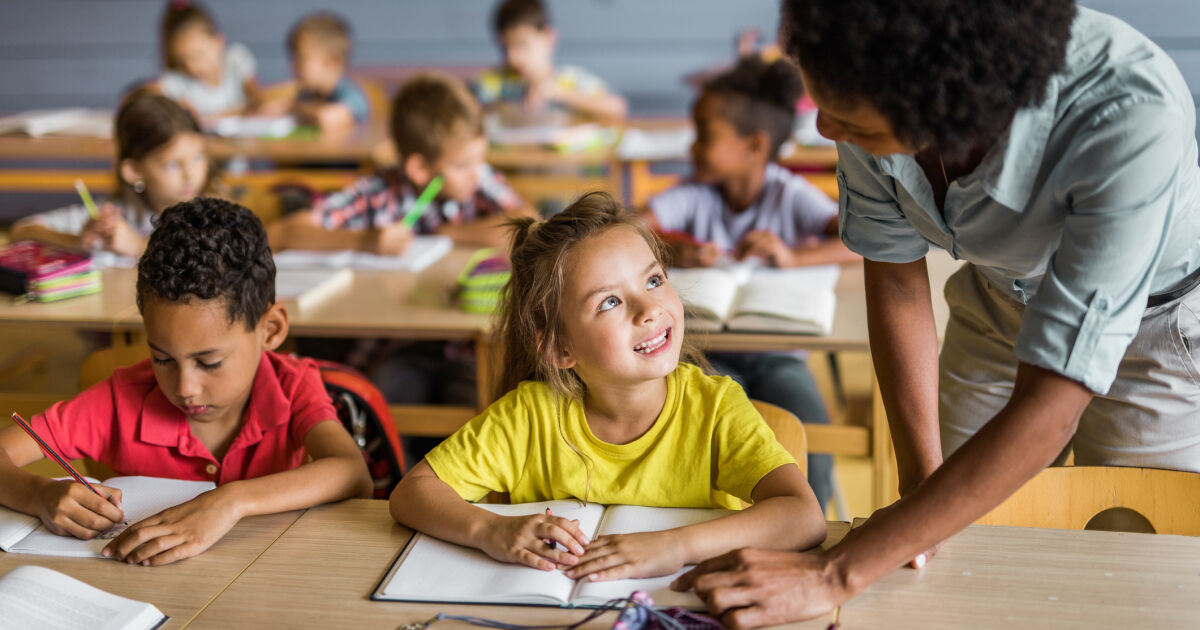 Teacher in elementary school classroom teaching young students